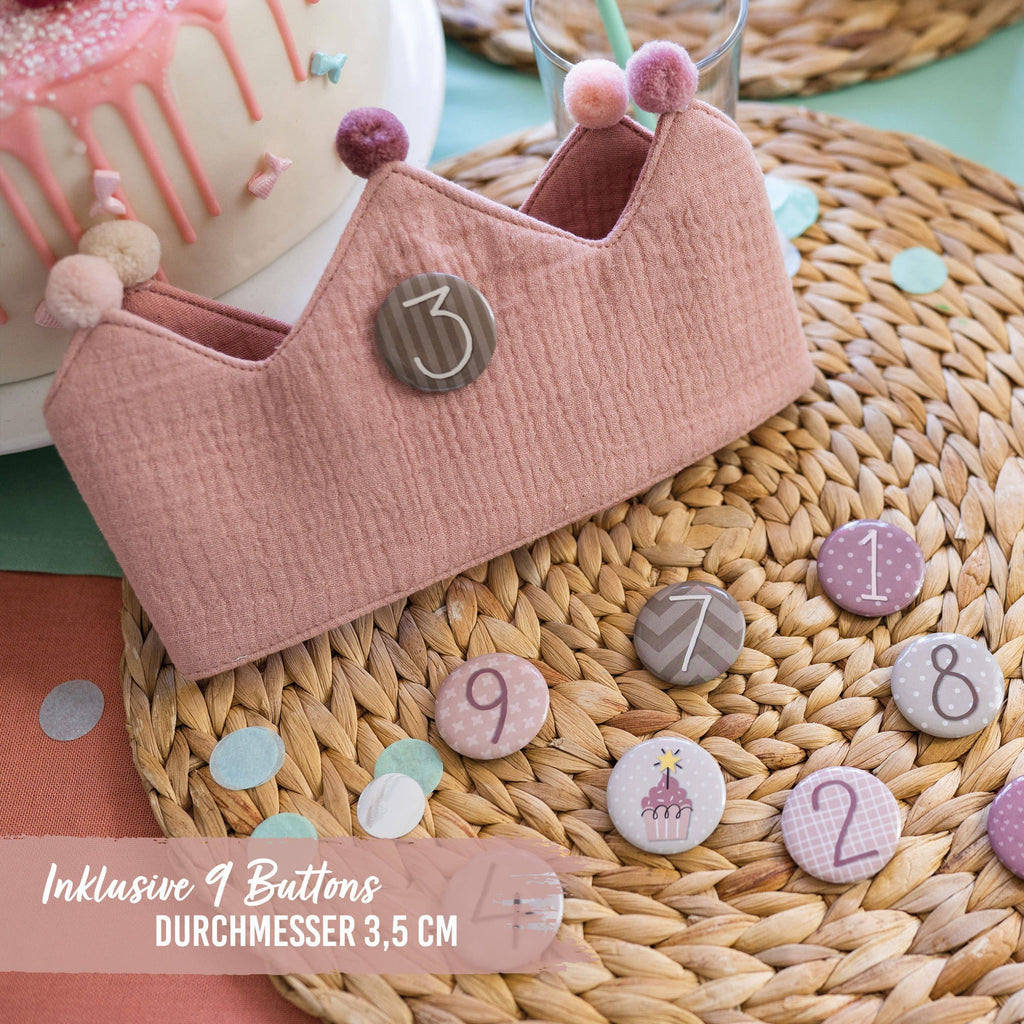 Papierdrachen Geburtstagskrone aus  Musselin - Rosa - mit Buttons
