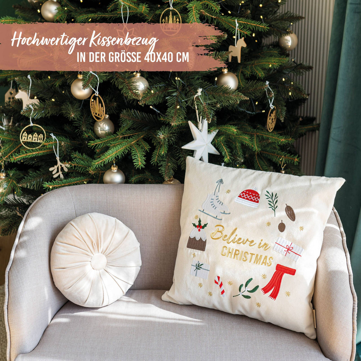 Papierdrachen Kissenbezug 40x40cm - bestickt - Motiv Believe in christmas