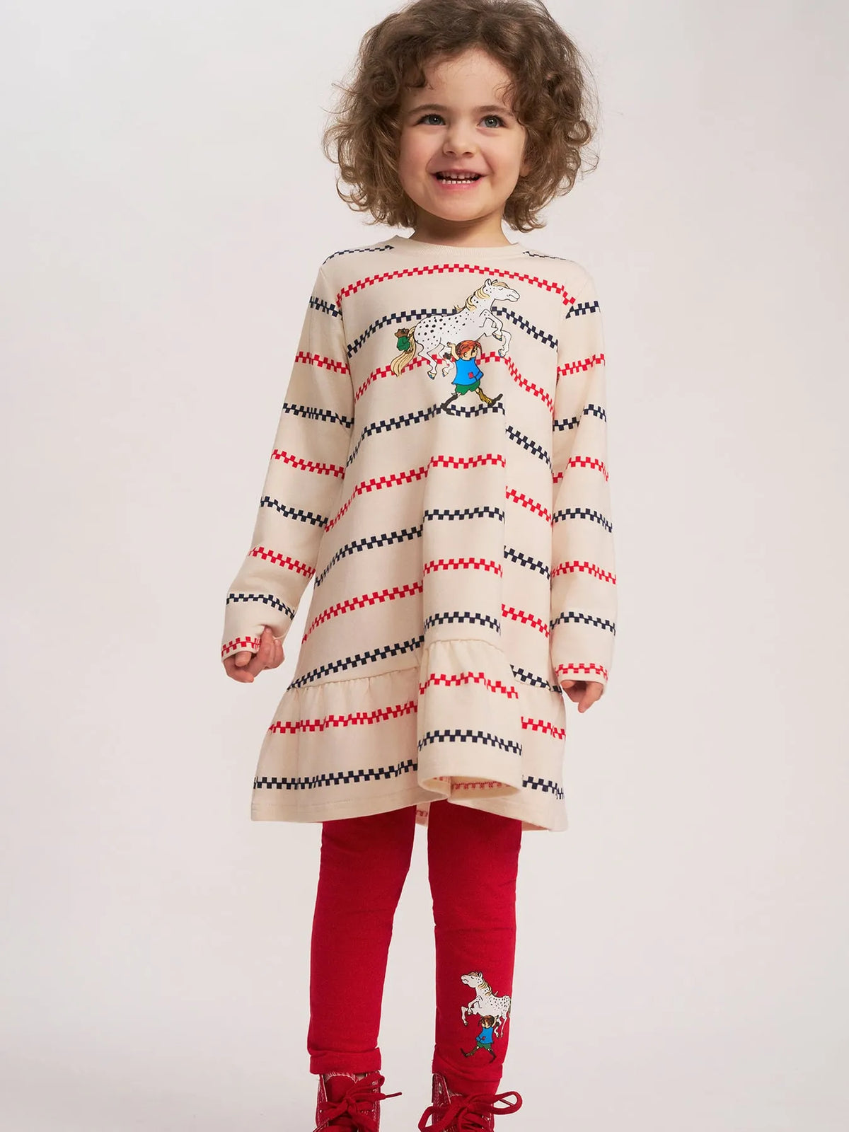 Pippi Langstrumpf -  Kleid Pippi Streifen – Beige/Rot/Blau Sweatstoff