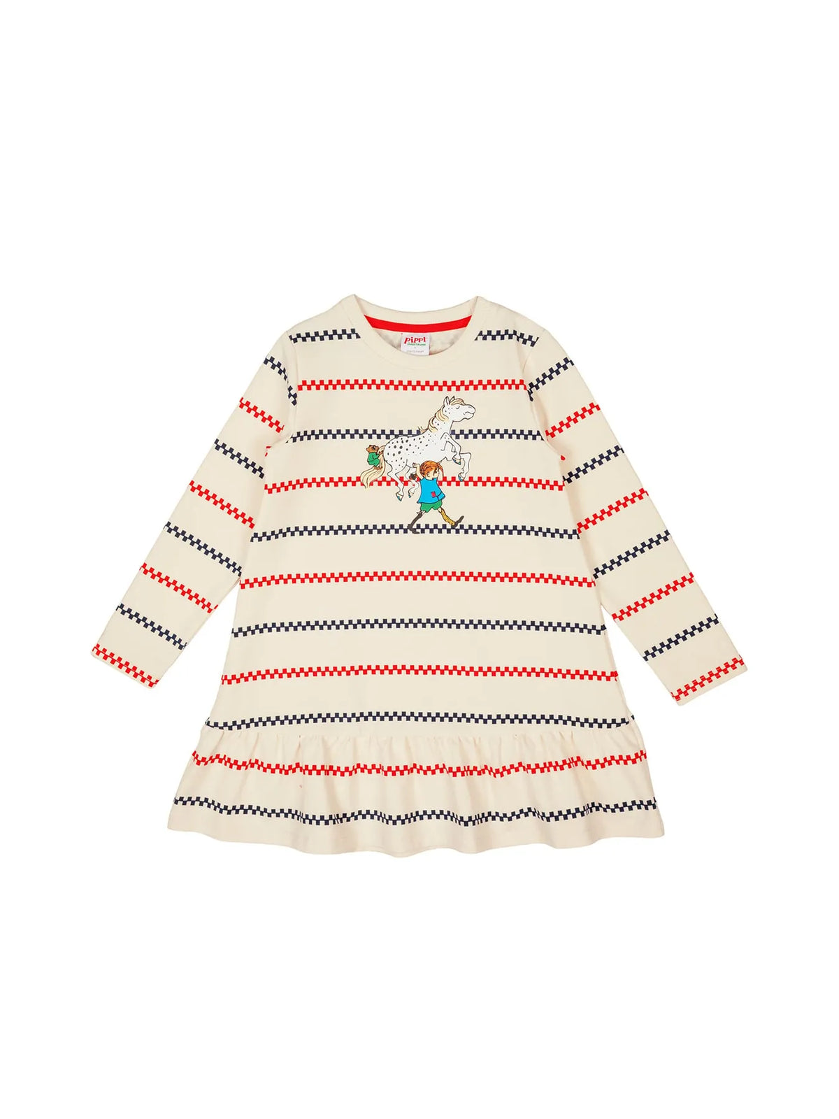 Pippi Langstrumpf -  Kleid Pippi Streifen – Beige/Rot/Blau Sweatstoff