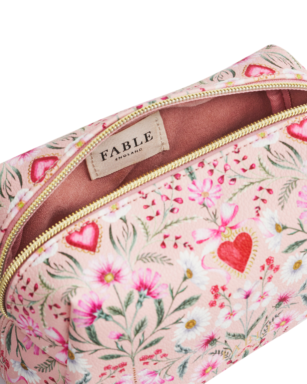 FABLE England Penelope Pinke Kosmetiktasche mit floralem Herzmotiv