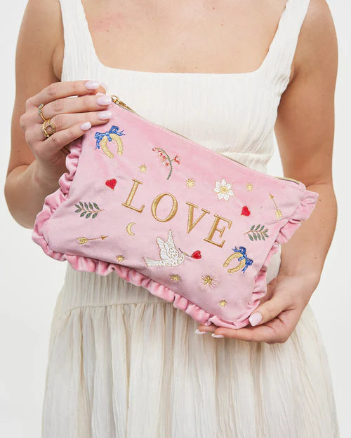 FABLE England Rosa Love Samt Täschchen mit Stickerei