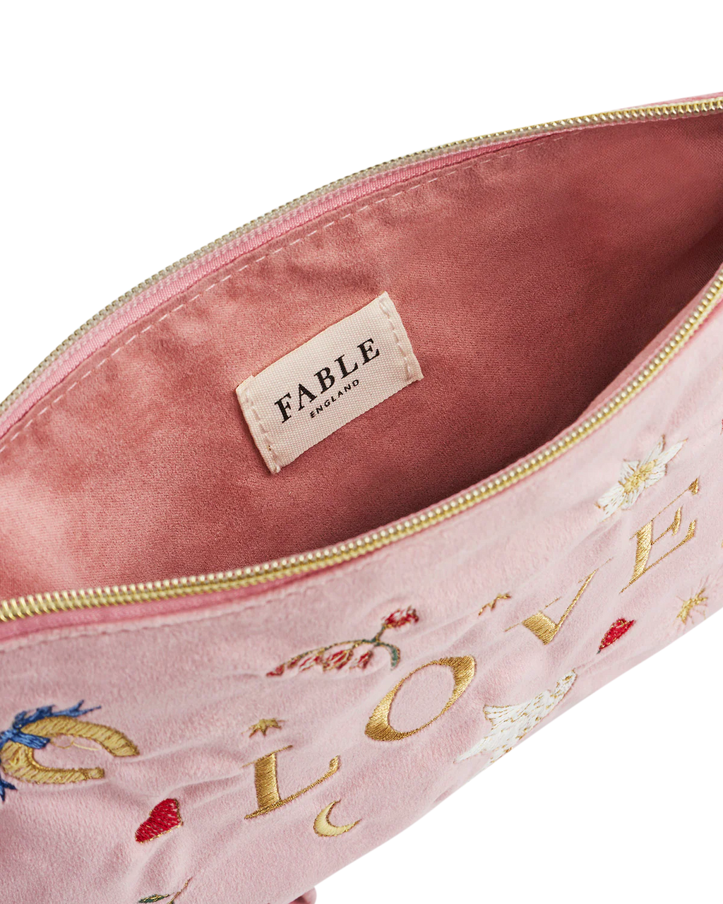 FABLE England Rosa Love Samt Täschchen mit Stickerei