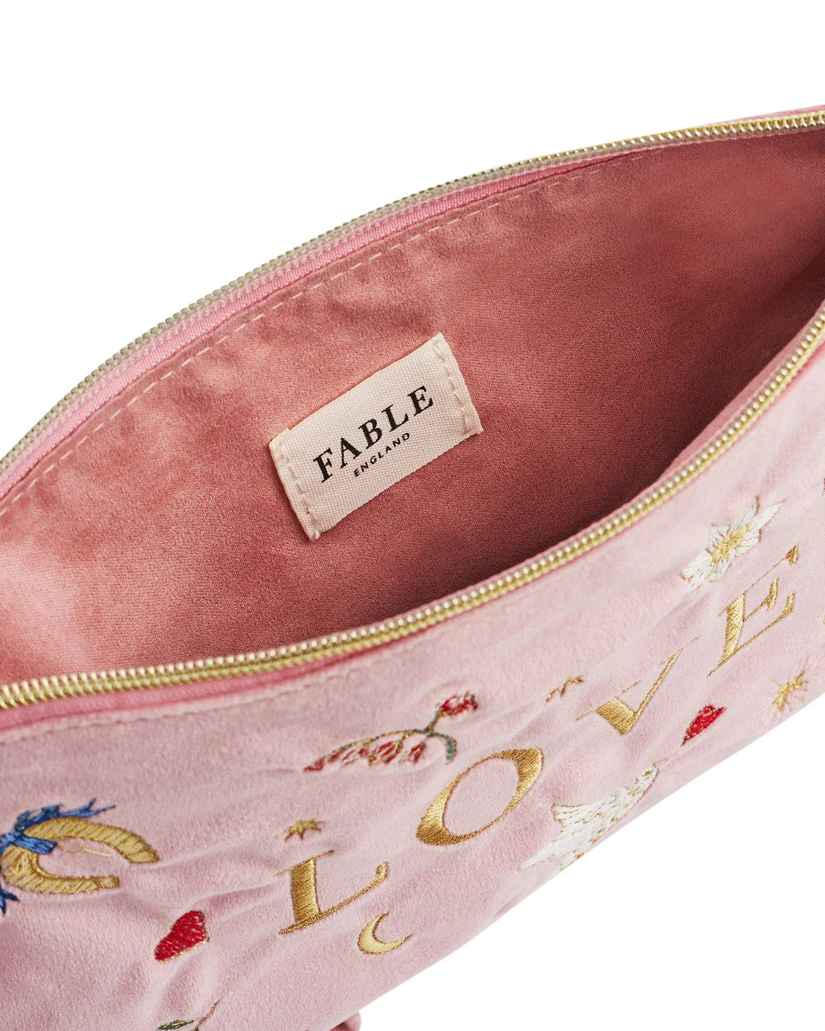 FABLE England Rosa Love Samt Täschchen mit Stickerei