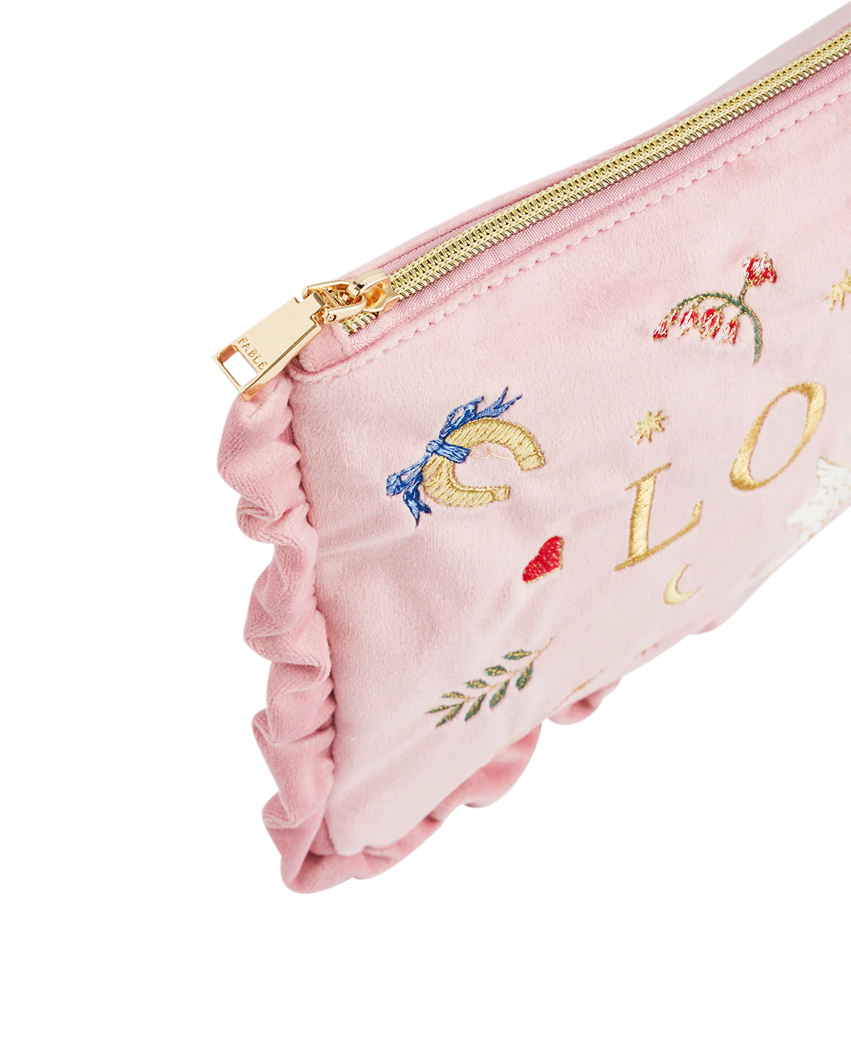 FABLE England Rosa Love Samt Täschchen mit Stickerei