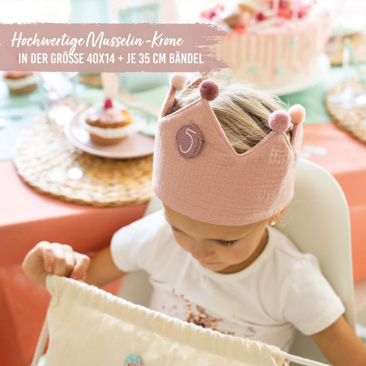 Papierdrachen Geburtstagskrone aus  Musselin - Rosa - mit Buttons