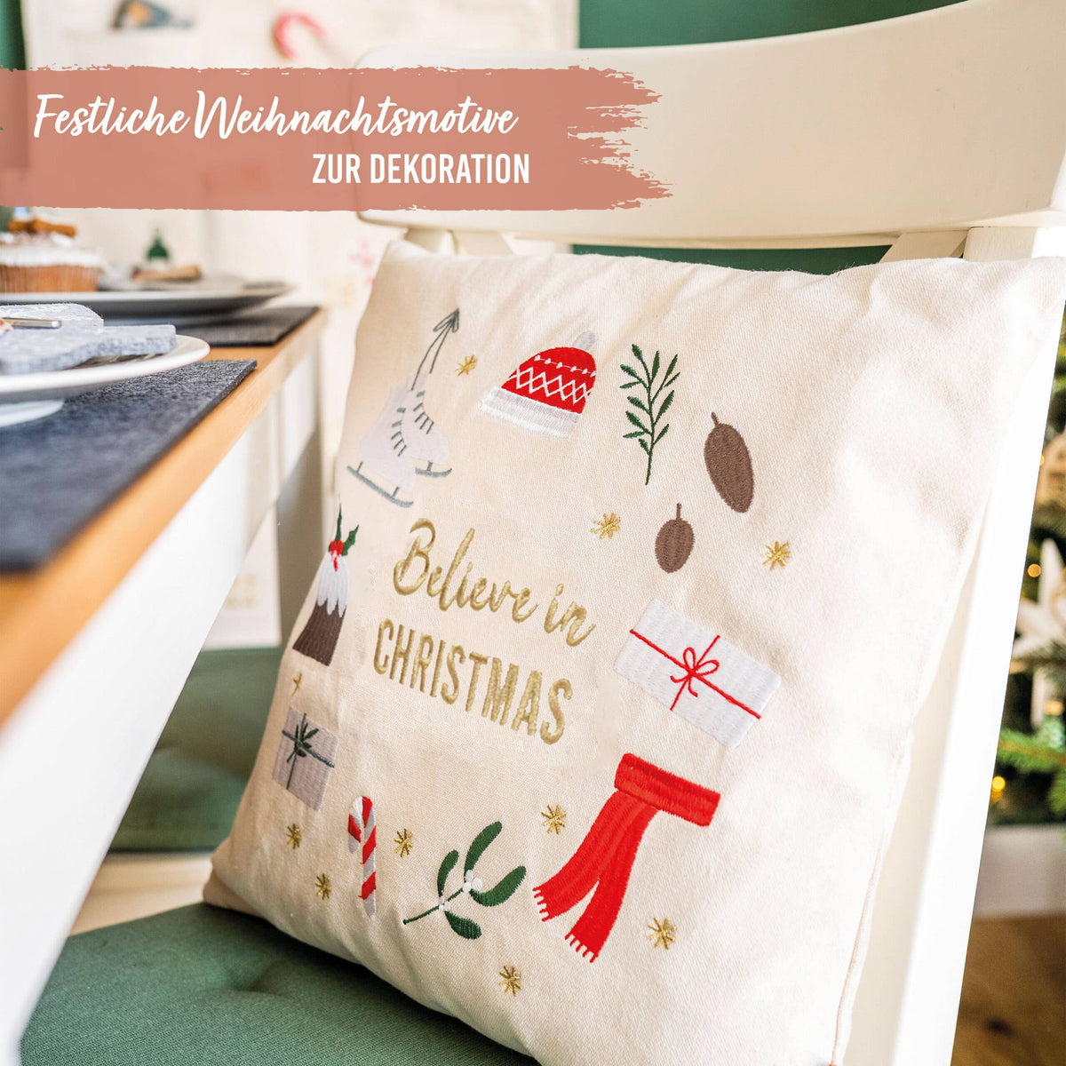 Papierdrachen Kissenbezug 40x40cm - bestickt - Motiv Believe in christmas