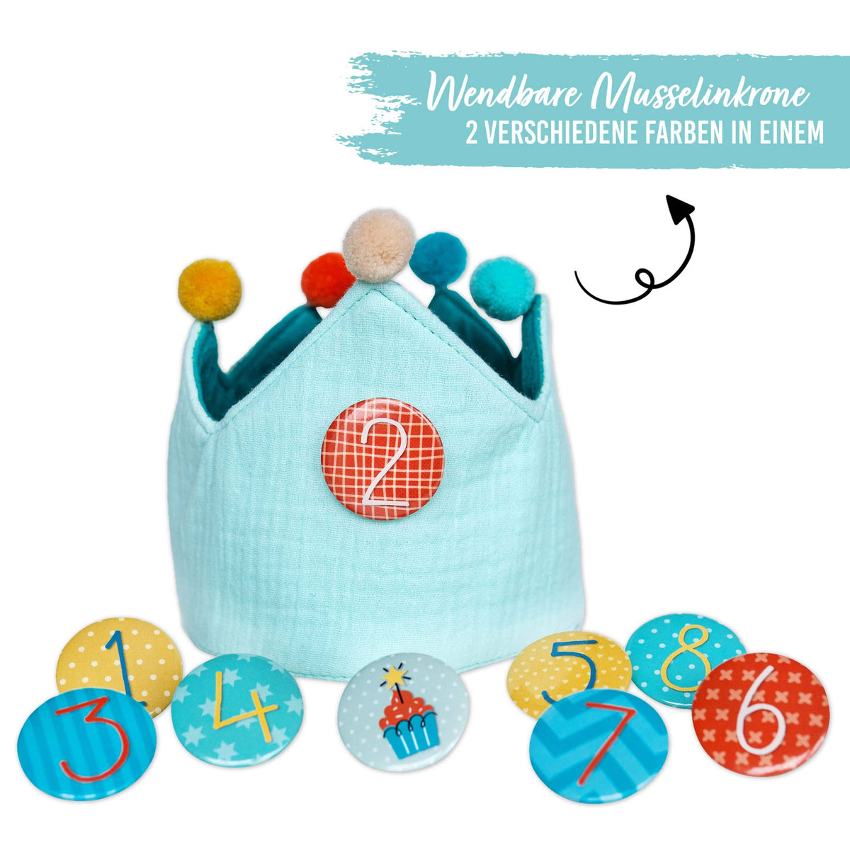 Papierdrachen Geburtstagskrone Musselin mit Buttons  - Türkis