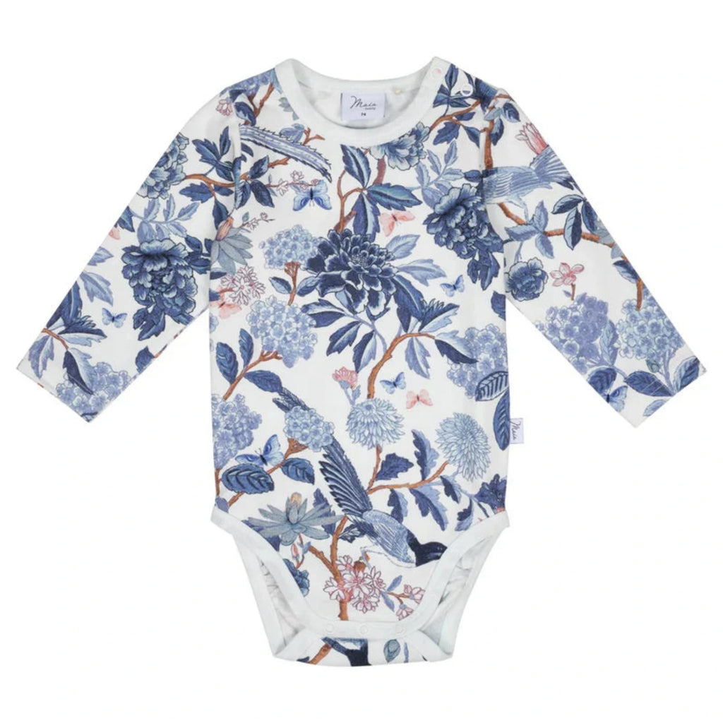 Baby Bluebird Body white/blue - Gemusterter Body mit Blaumeise