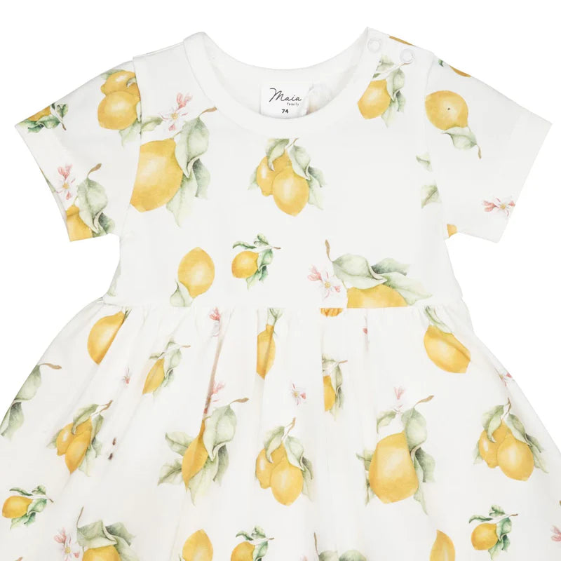 Babybodykleid  mit Zitronenprint - Lemon short-sleeved bodysuit dress, natural white