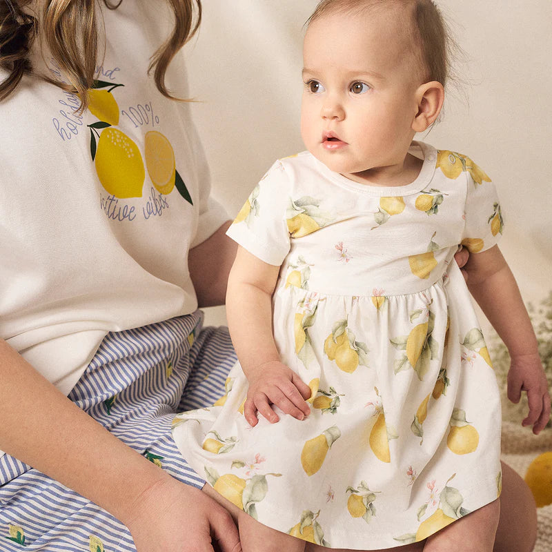 Babybodykleid  mit Zitronenprint - Lemon short-sleeved bodysuit dress, natural white