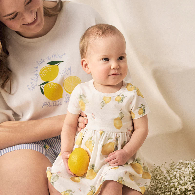 Babybodykleid  mit Zitronenprint - Lemon short-sleeved bodysuit dress, natural white