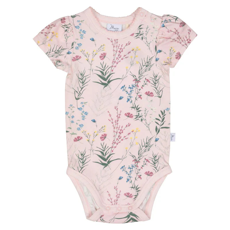 Babybody geblümt mit gerüschten Ärmeln - Thyme Kurzarm-Body rosa