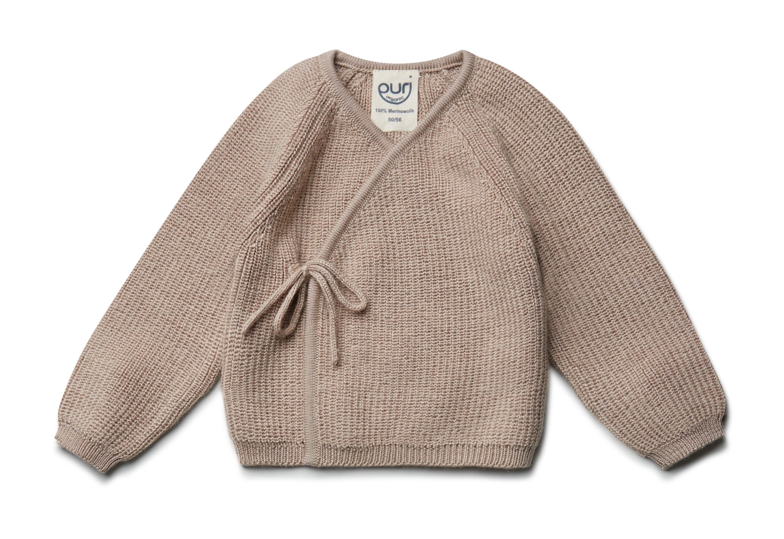 PURI ORGANIC Kimono Perlfangstrick aus 100% Schurwolle / Merino sandmelange noch in Gr. 74/80 vorrätig
