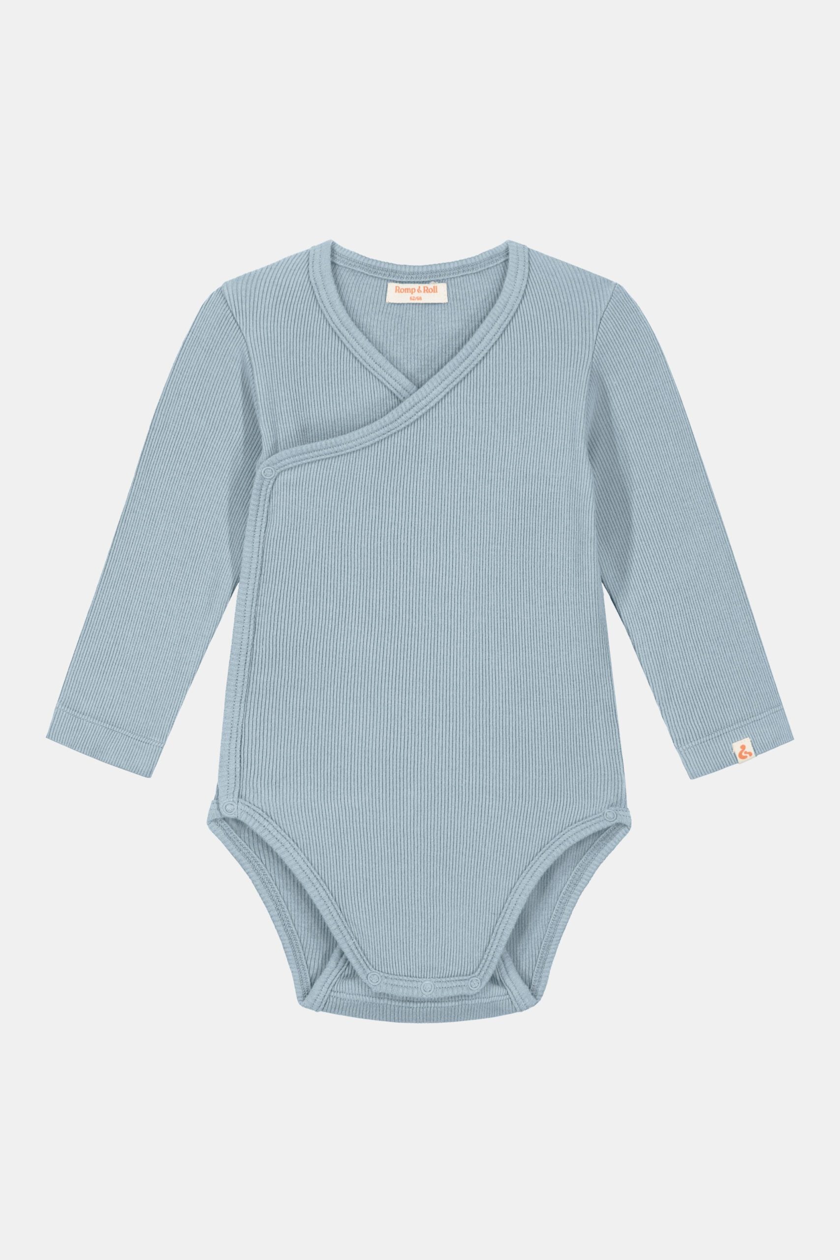 Gerippter Babybody aus 100% Biobaumwolle GOTS zertifiziert und größenverstellbar Farbe breeze noch in Gr. 62/68 vorrätig