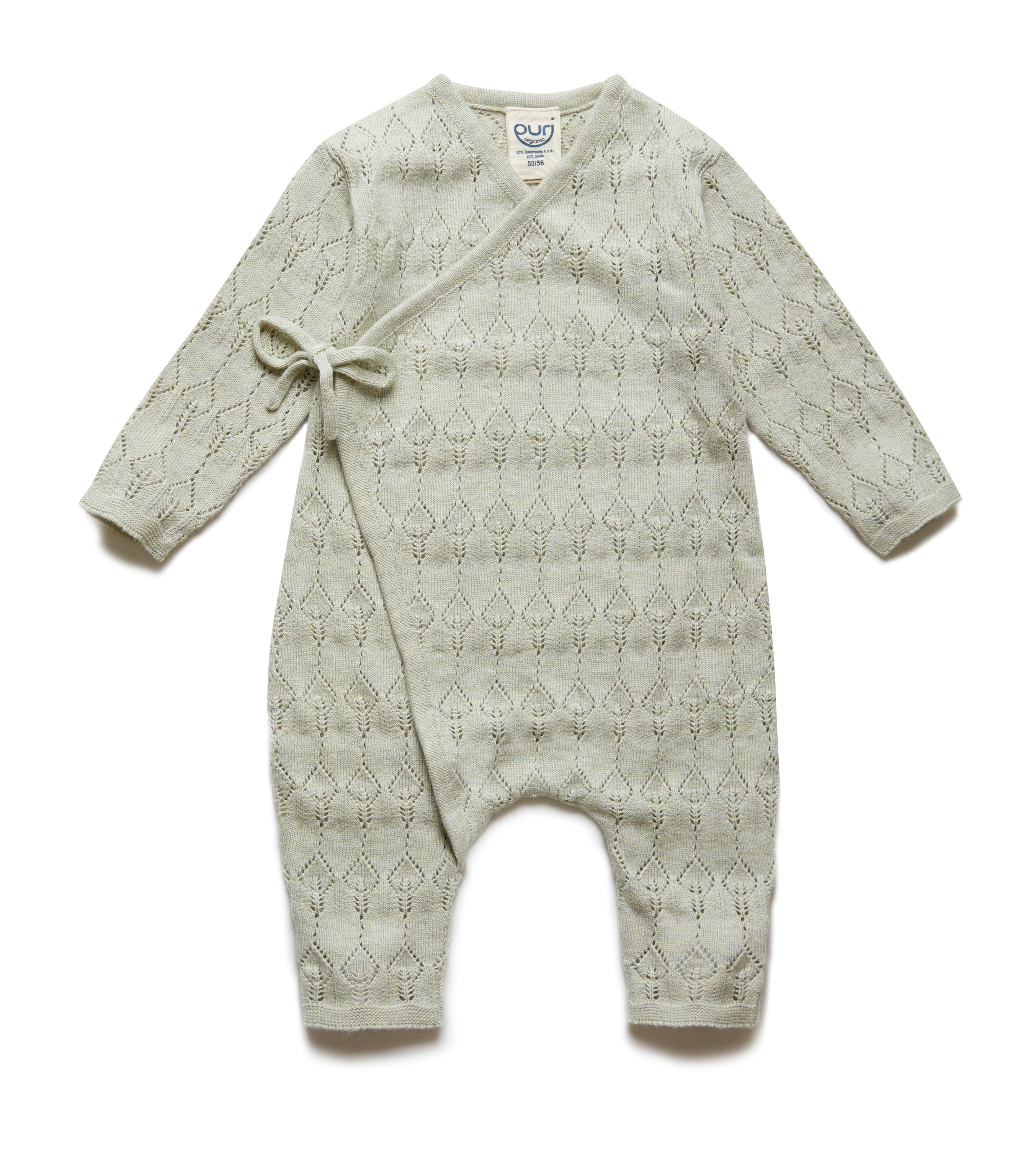 PURI ORGANIC Baby Spielanzug Overall Ajour aus 80% Baumwolle und 20% Seide tea green