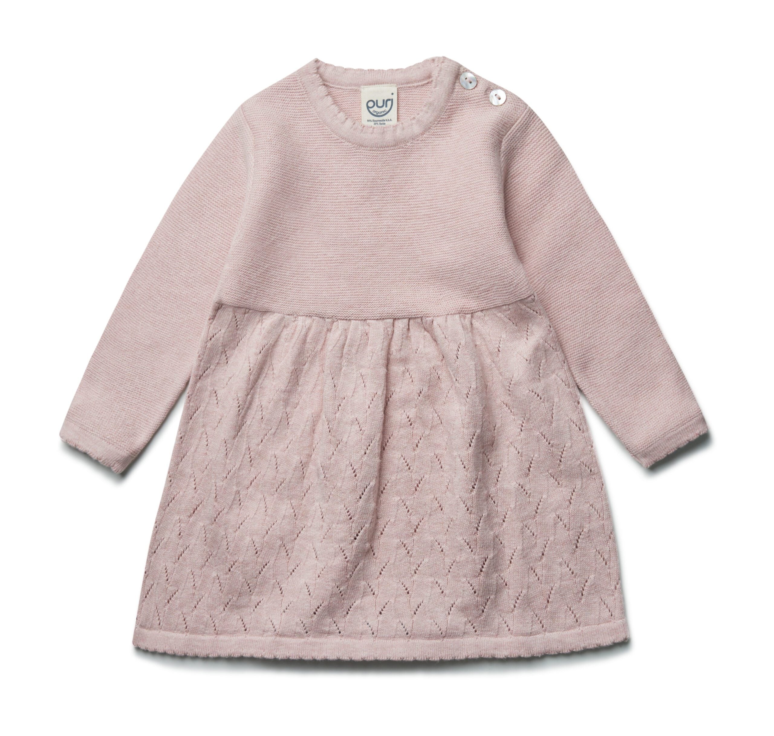 PURI ORGANIC Baby Strickkleid mit Ajour aus 80% Baumwolle und 20% Seide Farbe rose