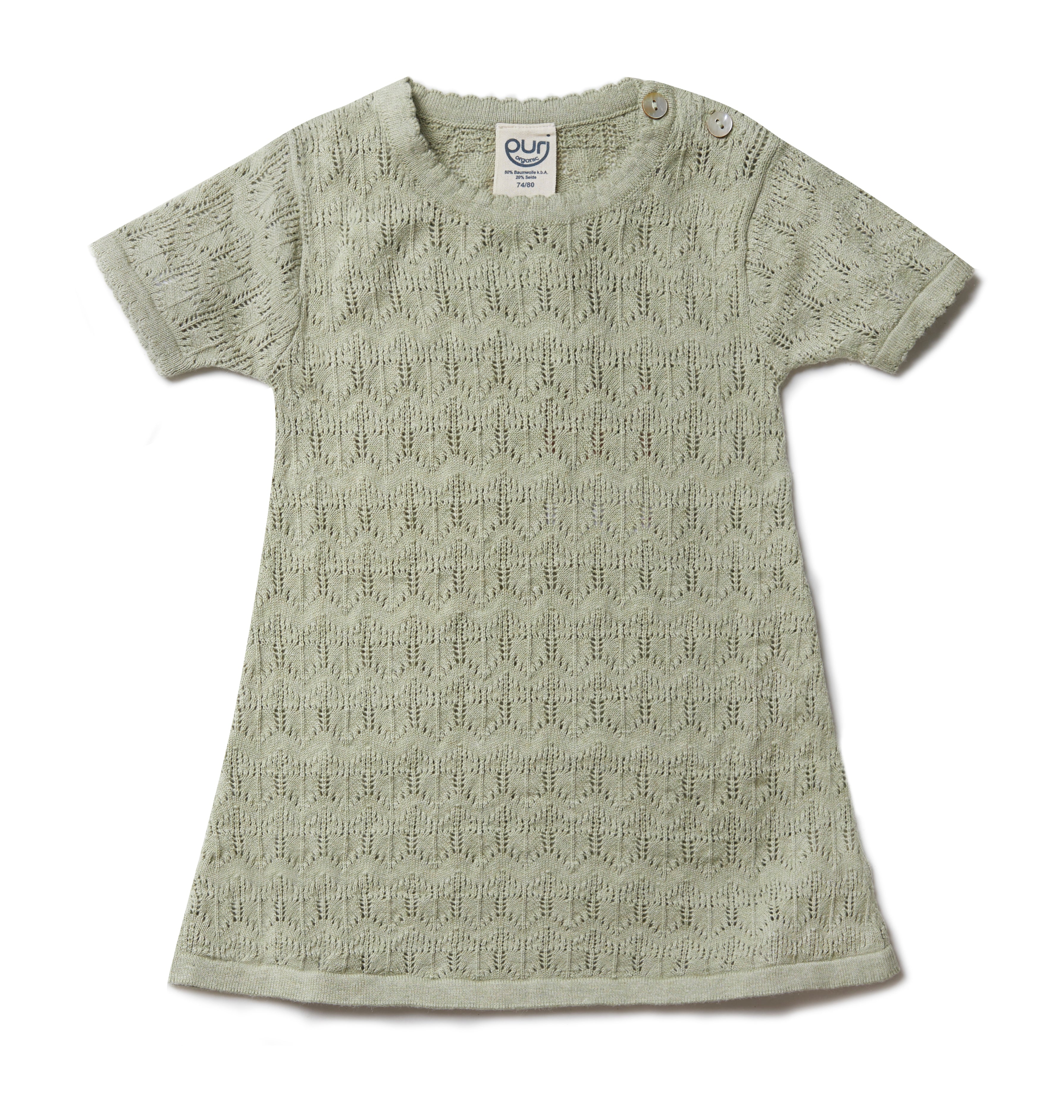 PURI ORGANIC Baby Strickkleid Ajour aus 80% Baumwolle und 20% Seide pistazie