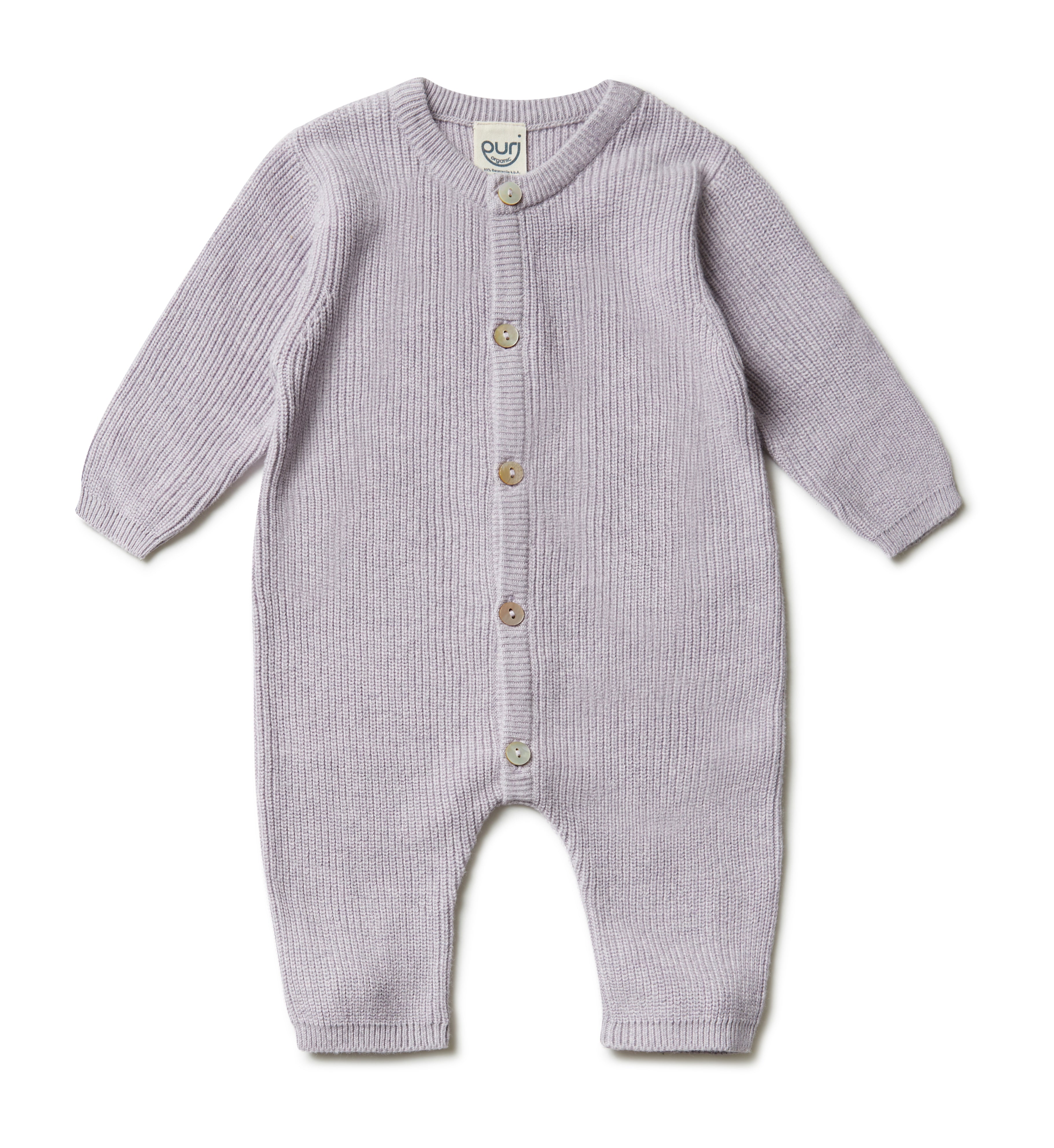 PURI ORGANIC Baby Overall Perlfangstrick aus 80% Baumwolle und 20% Seide Farbe: lavendel