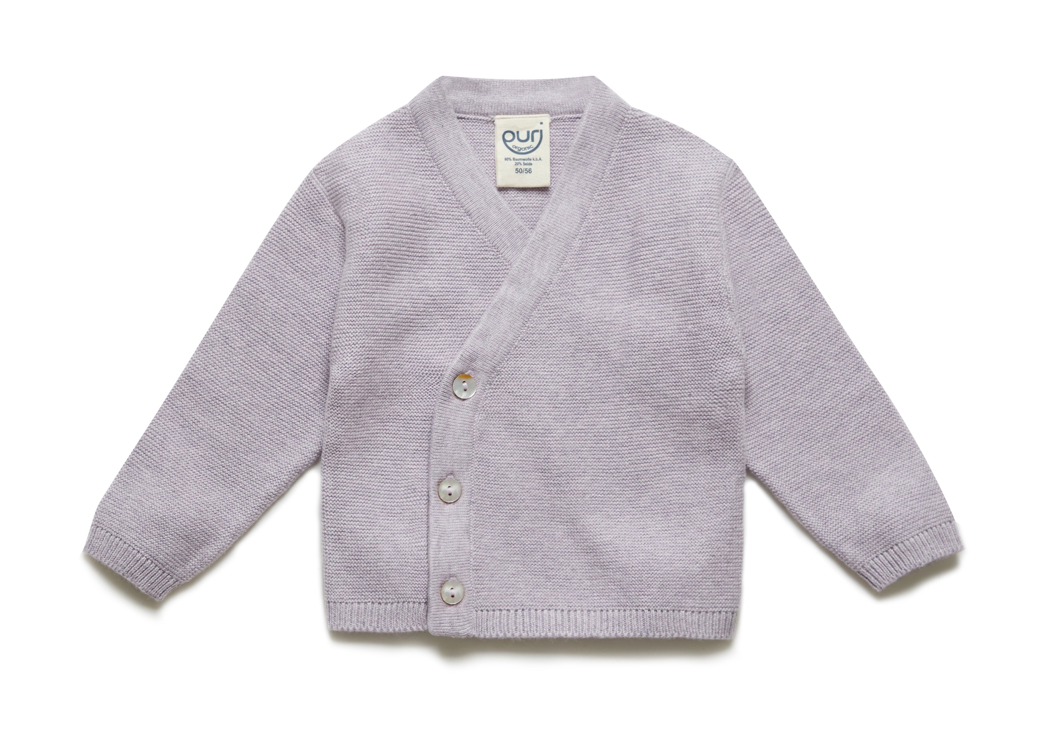 PURI ORGANIC Baby Kimono Krausstrick aus 80% Baumwolle und 20% Seide Farbe lavendel