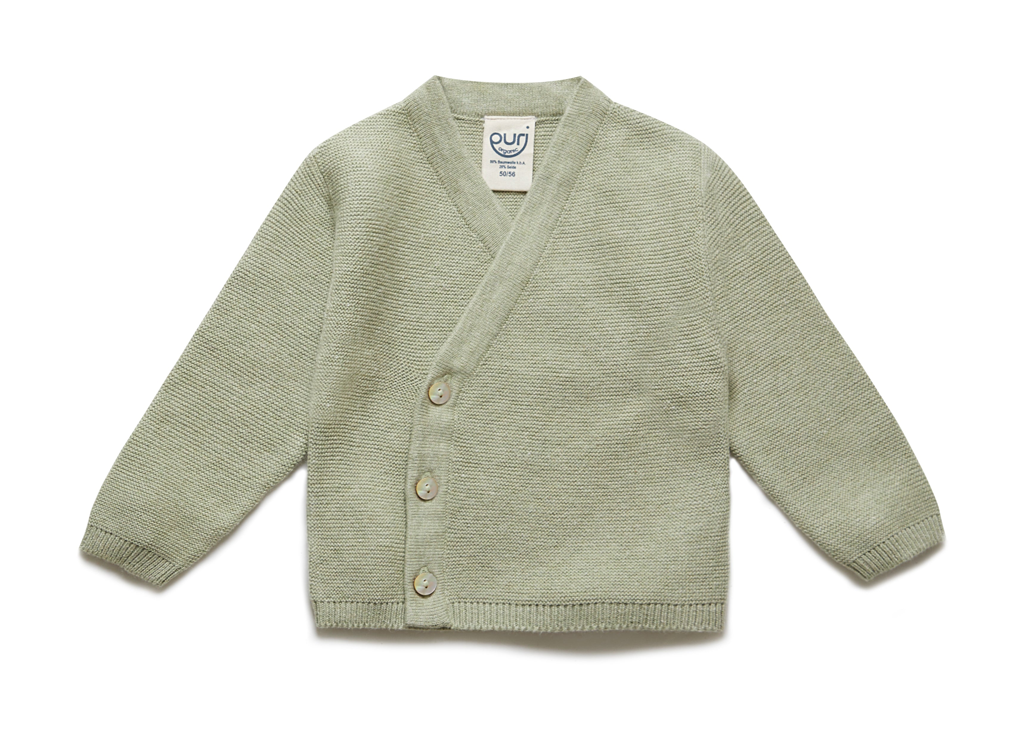 PURI ORGANIC Baby Kimono Krausstrick aus 80% Baumwolle und 20% Seide Farbe pistazie