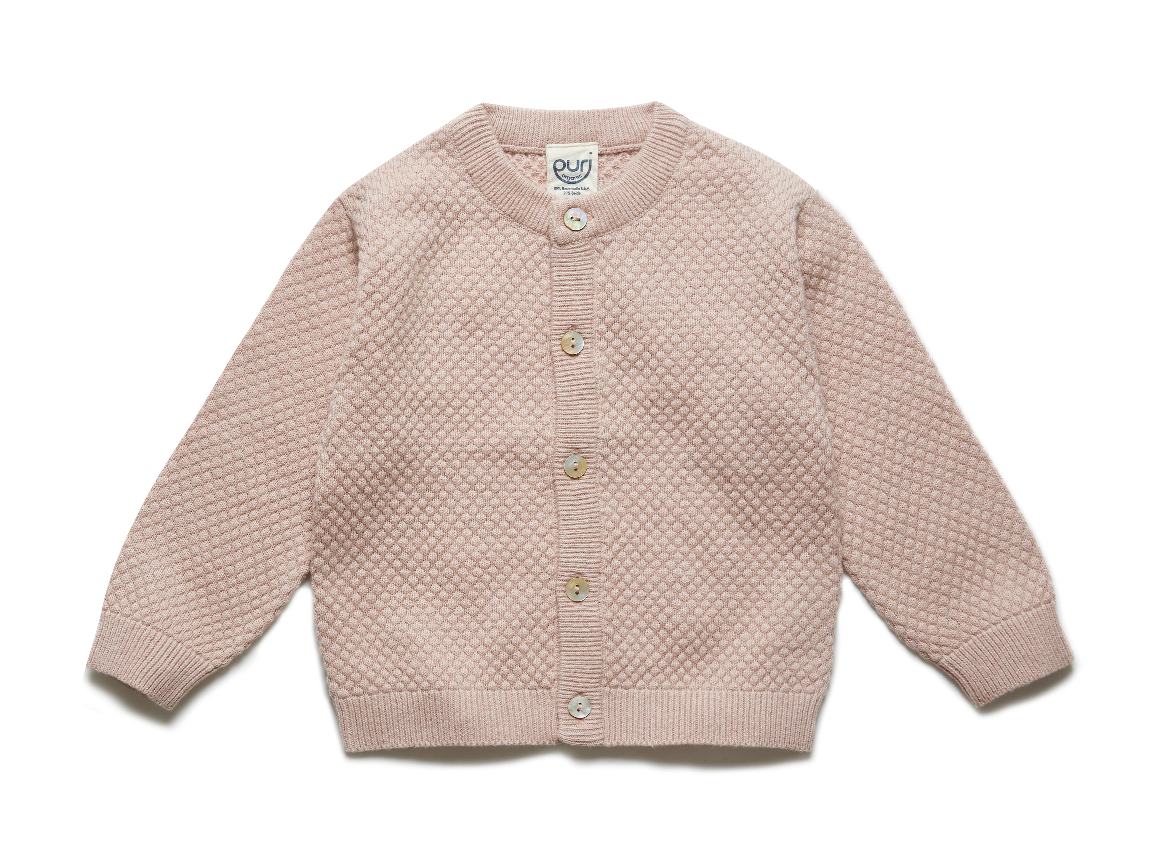 PURI ORGANIC Baby Cardigan Popcorn Struktur aus 80% Baumwolle und 20% Seide cameo rose