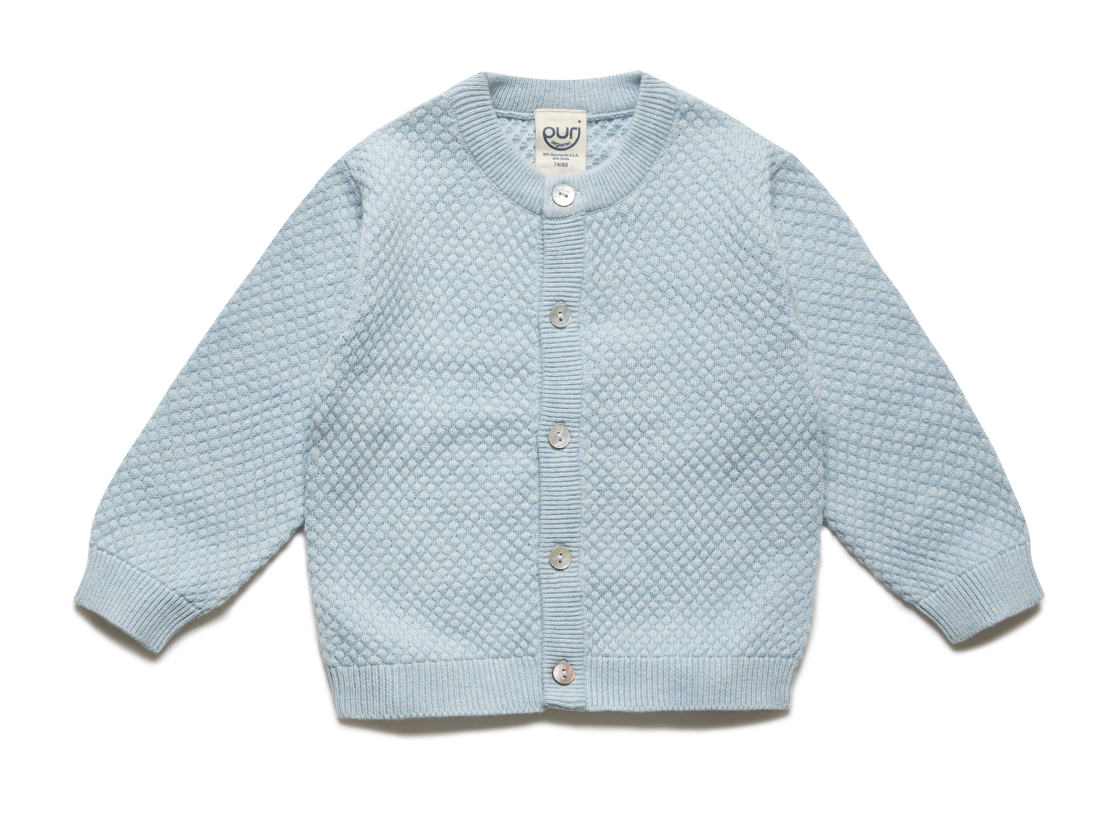 PURI ORGANIC Baby Cardigan Popcorn Struktur aus 80% Baumwolle und 20% Seide hellblau