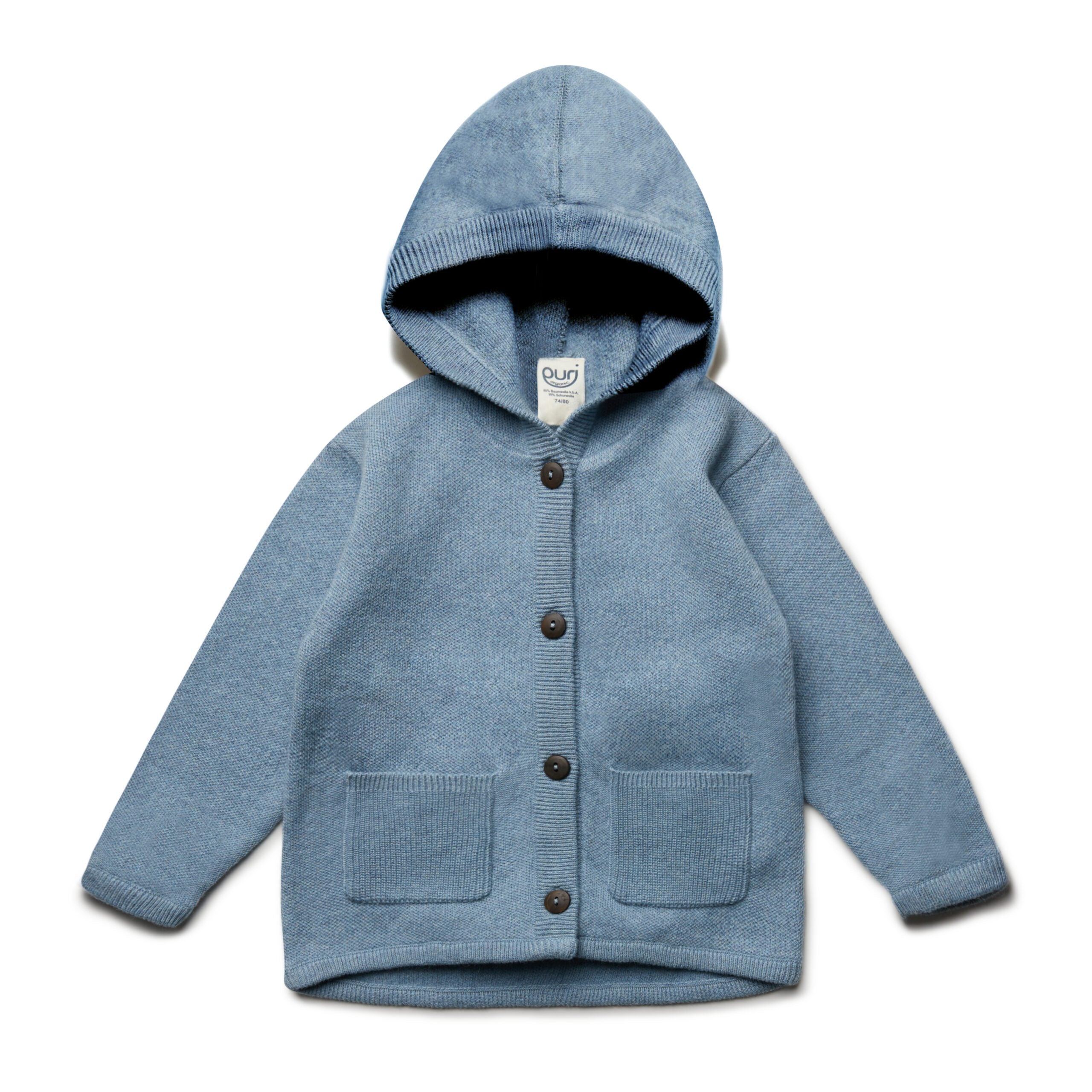 PURI ORGANIC Strick Hoody aus Doppelstrick mit Taschen aus Biobaumwolle/Schurwolle Farbe rauchblau
