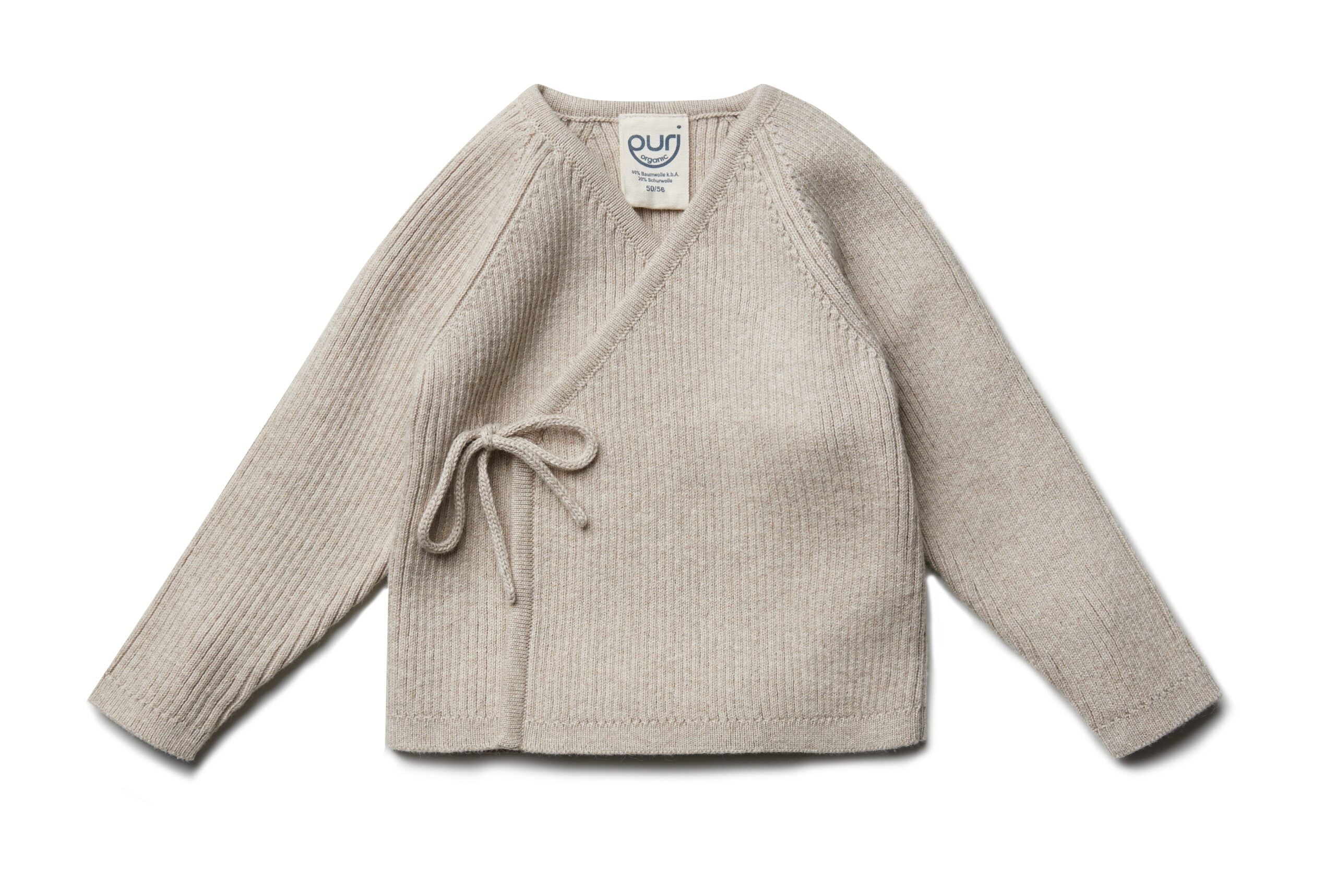 PURI Bio Baby Kimono Rippenstrick 80% Baumwolle und 20% Schurwolle Farbe oyster grey aktuell nur Gr. 50/56 vorrätig
