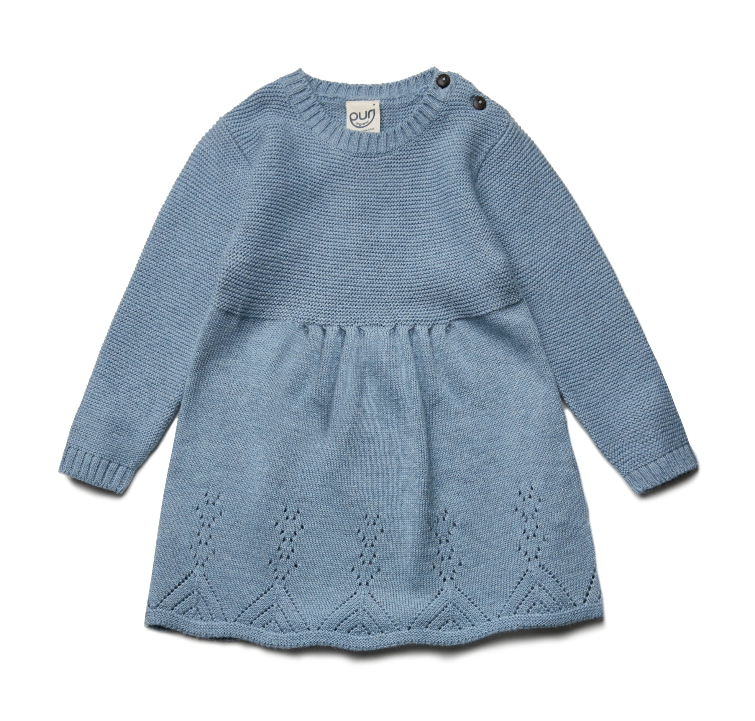PURI ORGANIC Baby Strickkleid mit Ajour aus 80% Baumwolle und 20% Schurwolle Farbe rauchblau