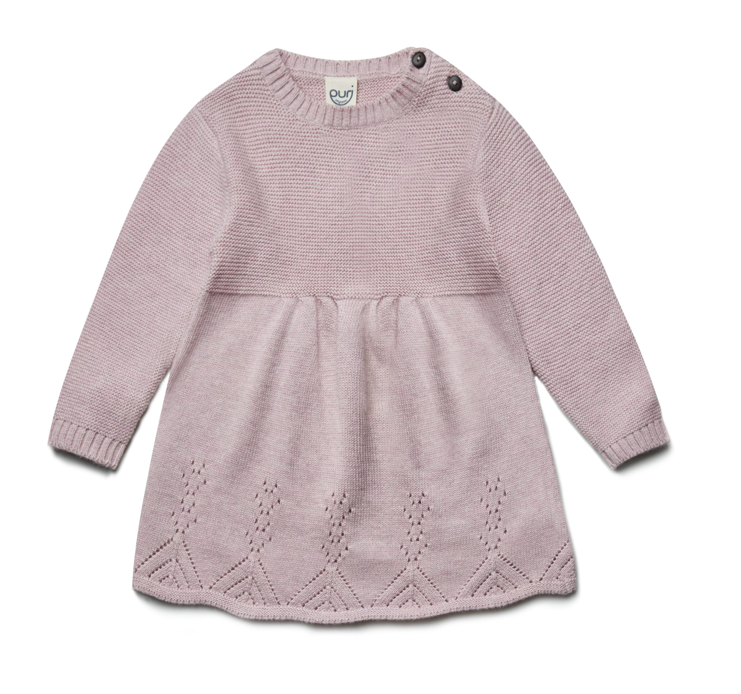 PURI ORGANIC Baby Strickkleid mit Ajour aus 80% Baumwolle und 20% Schurwolle altrosa noch in Gr. 86/92 vorrätig