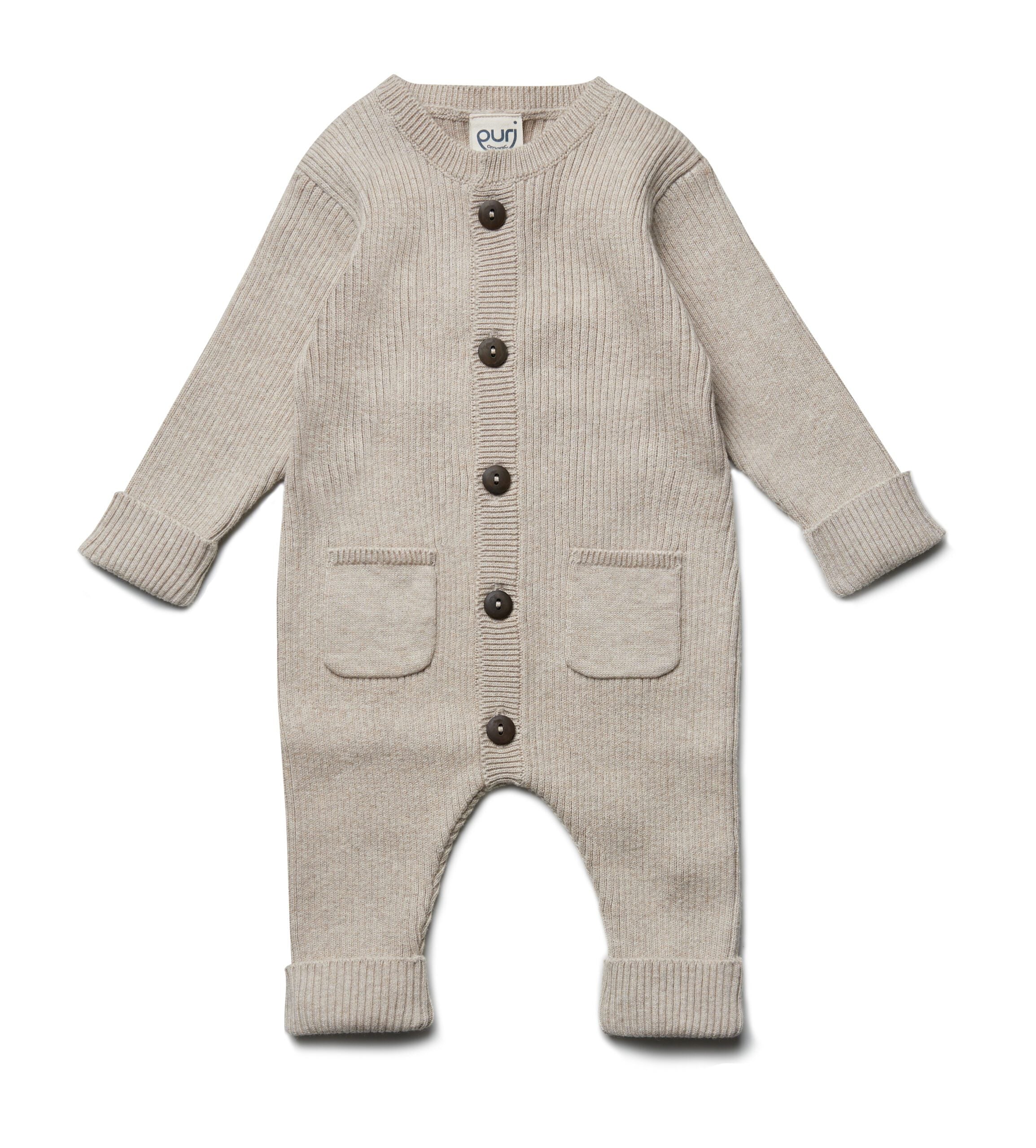 PURI ORGANIC Overall Rippenstrick aus 80% Baumwolle und 20% Schurwolle Farbe beige oyster grey