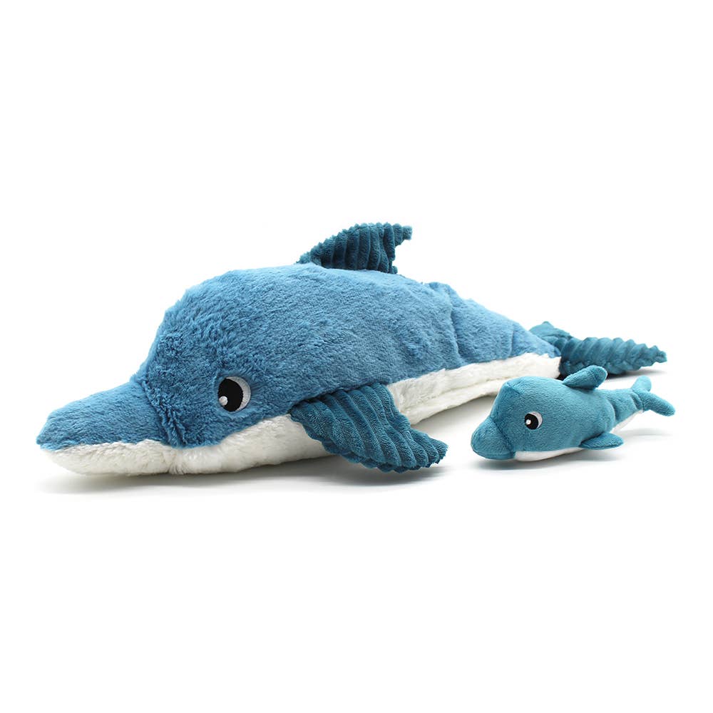 LES PTIPOTOS - 50 cm Plüsch-Delfin Mama mit Baby, Blau