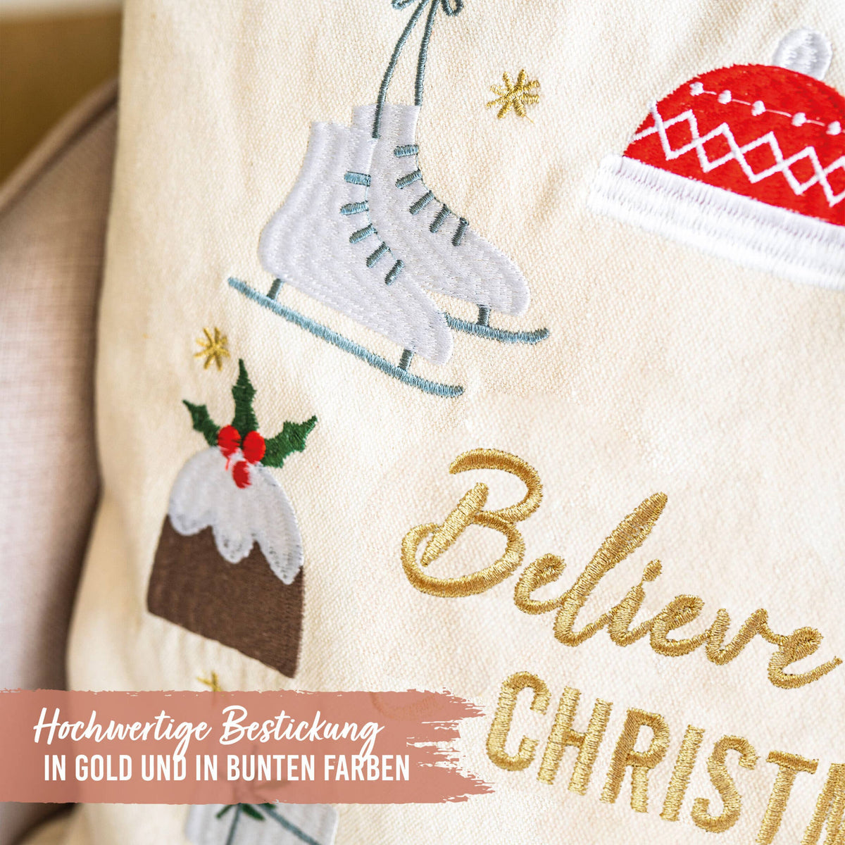 Papierdrachen Kissenbezug 40x40cm - bestickt - Motiv Believe in christmas