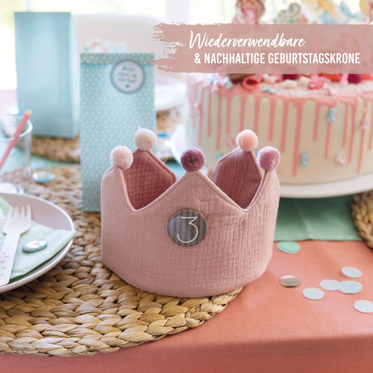 Papierdrachen Geburtstagskrone aus  Musselin - Rosa - mit Buttons