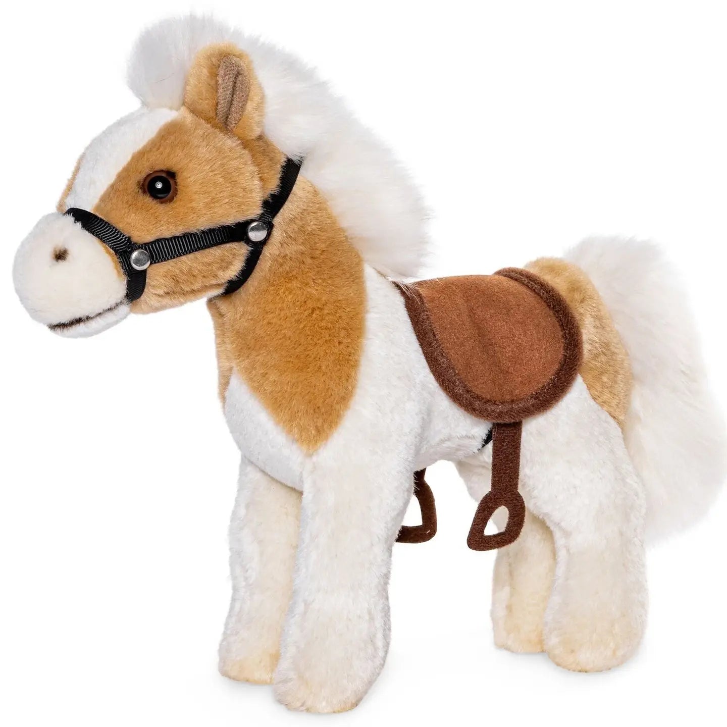 Uni Toys Pferd, stehend beige weiß mit Sattel und Steigbügel Kuschel/Plüschtier