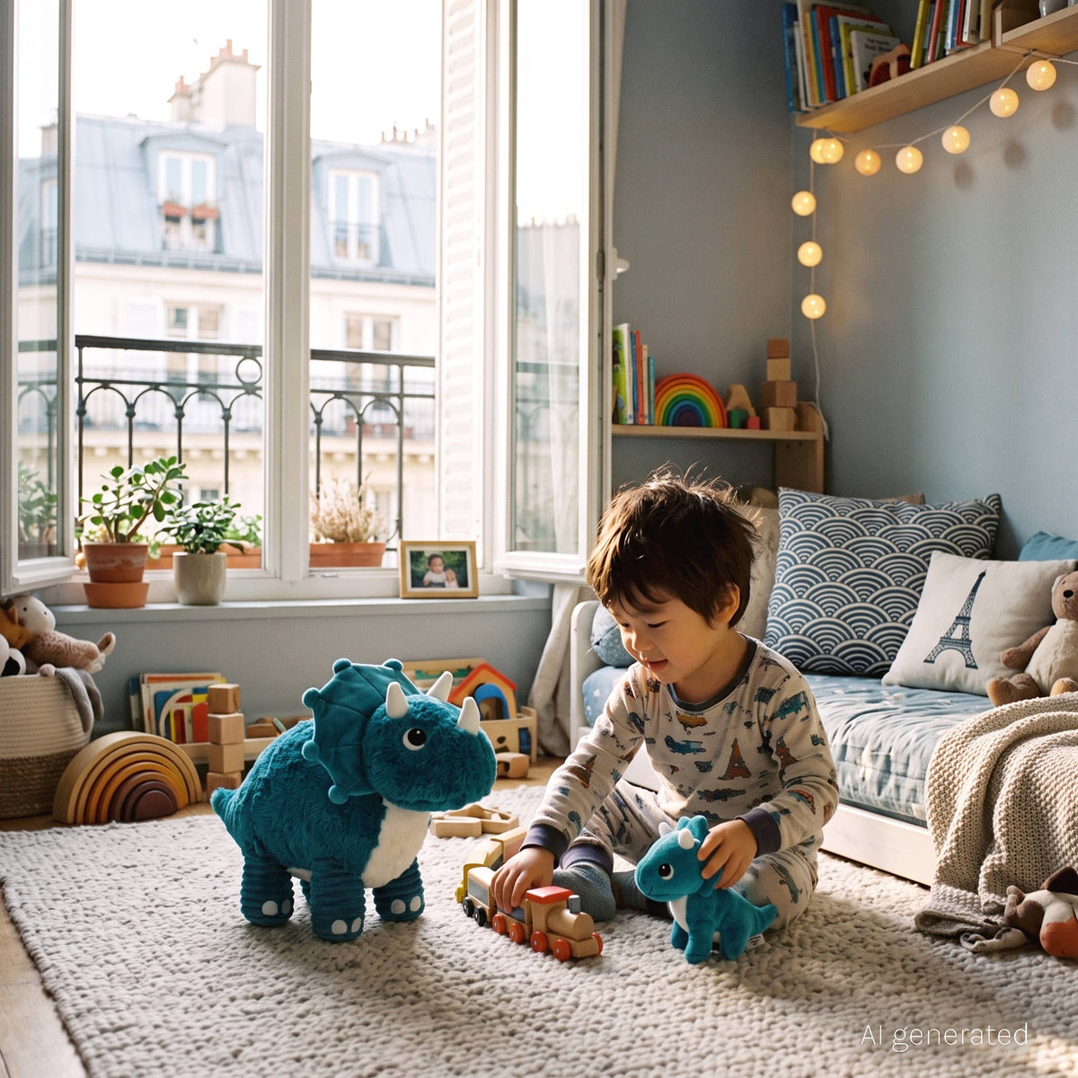 LES PTIPOTOS - 40 cm Plüsch Mama & Baby Triceratops blau